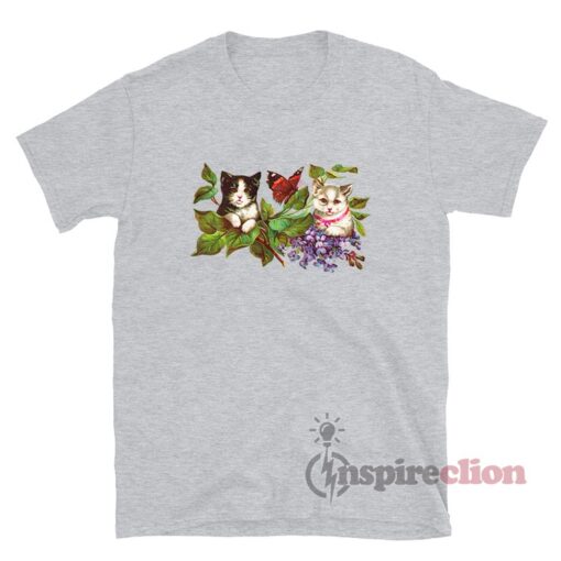 Cute Cat Wisteria Flowers Butterfly T-Shirt